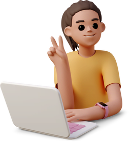casual life 3d young woman working on laptop and showing v sign